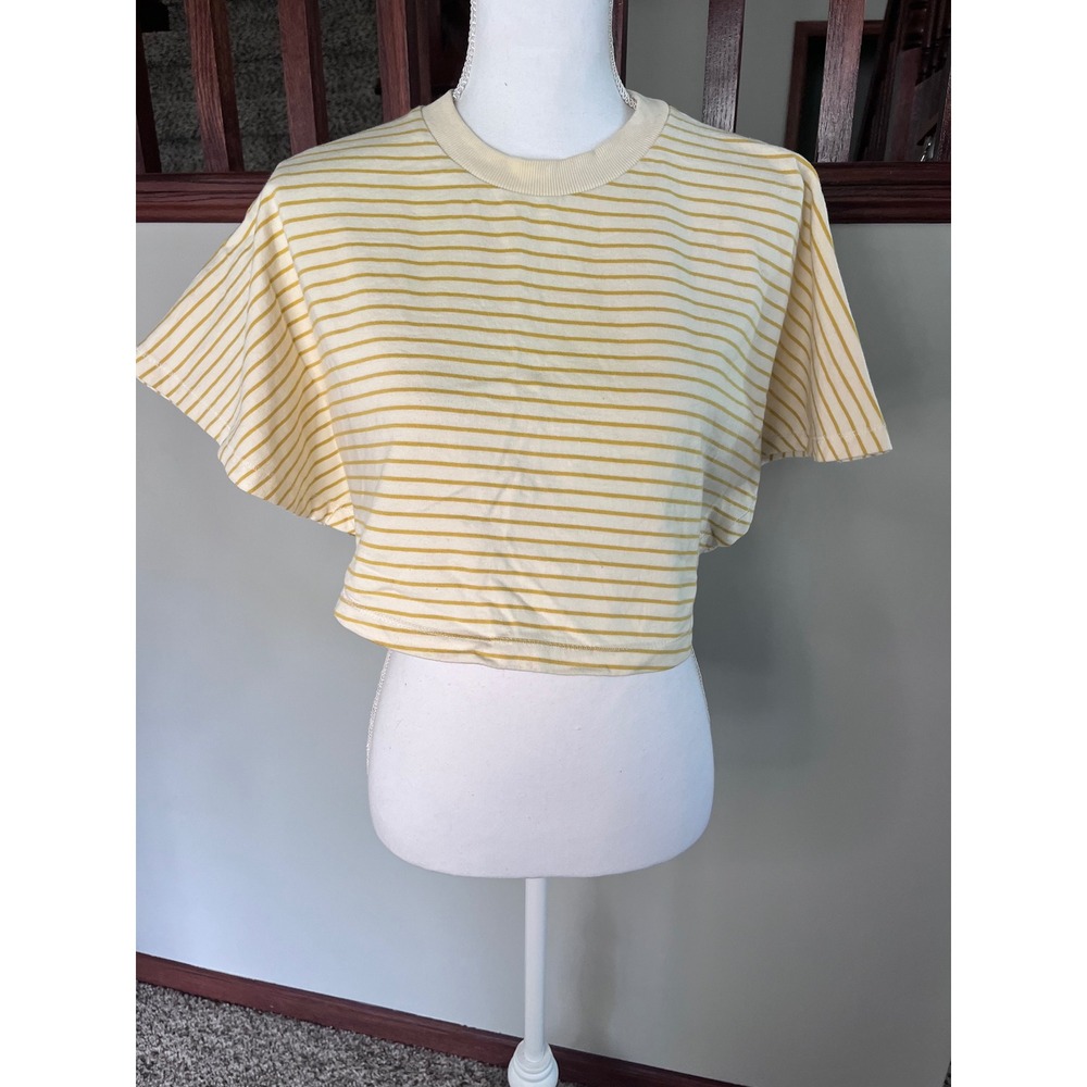 Zara Womens Yellow‎ Striped Crop Top Short Sleeve Boxy Tee 3253/348/104/M